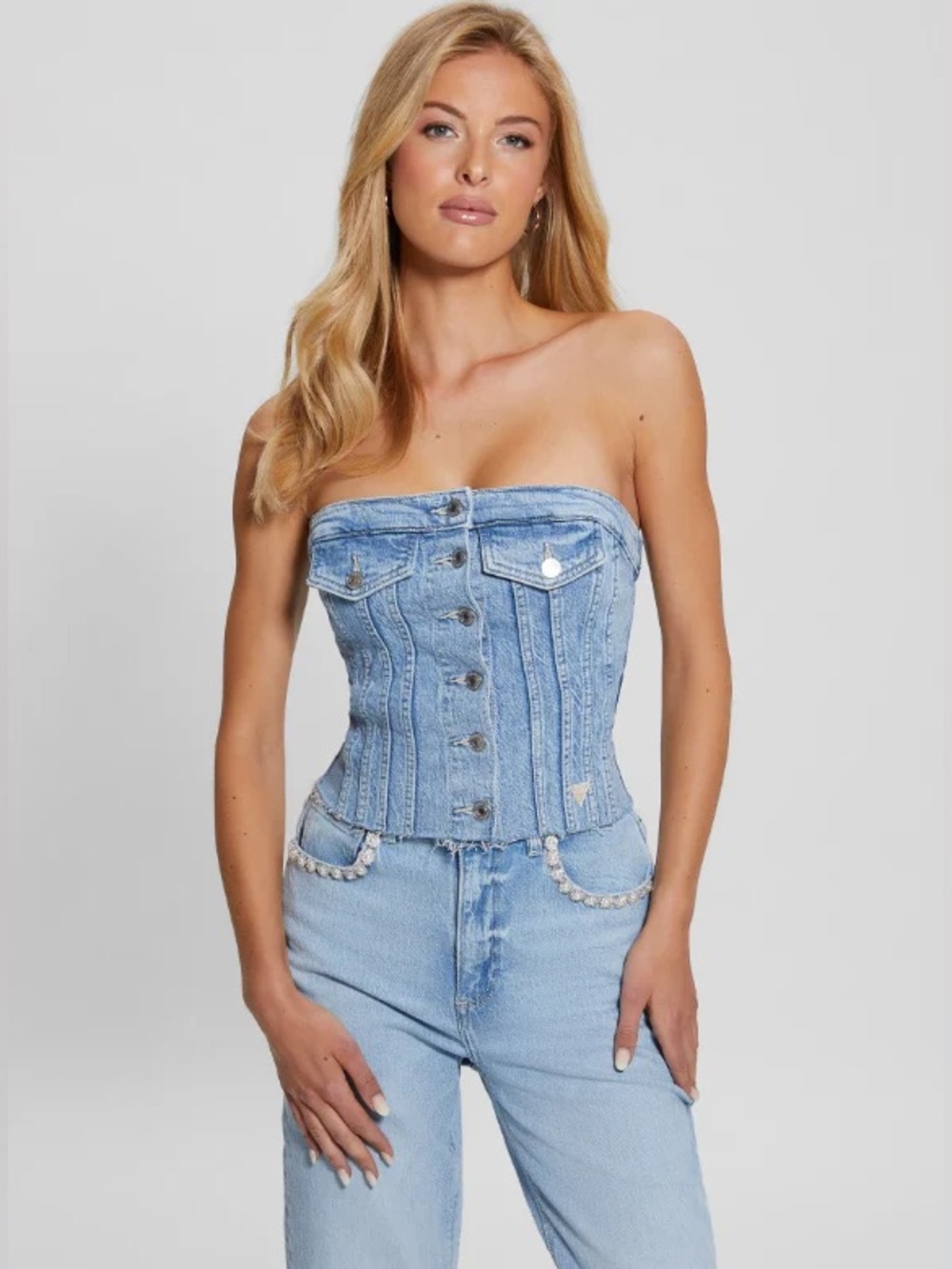 NWT GUESS Sofia Button Front Denim Strapless Top size XL